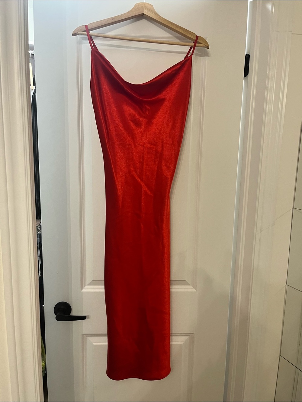 Red Satin Slip Dress with Cowl Neck